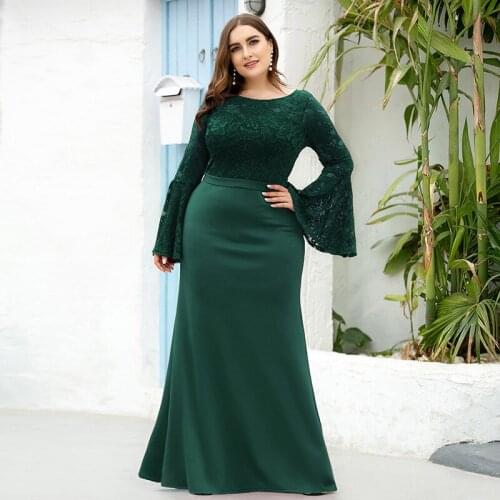 Evening Dress O-Neck Flowers Embroidery Pleat Full Sleeves Empire Mermaid Floor-Length Fashion Plus Size Women Formal Gowns D960
