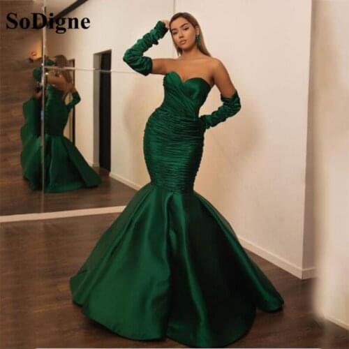 SoDigne Green Satin Mermiad Evening Dresses Sweetheart Pleats Long Sleeves Prom Gowns Long Formal Party Occasion Dress 2021