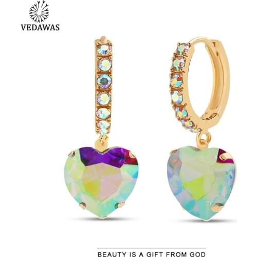 Vedawas Korean Fashion Cute Heart Earrings for Women Luxury Shiny Crystal Geometric Drop Earrings Wedding Jewelry Gift Wholesale
