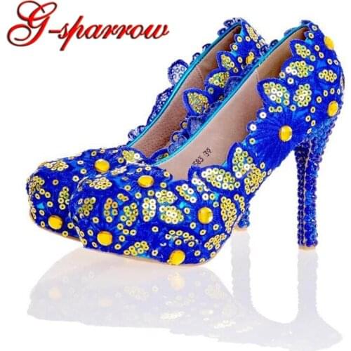 2018 Blue Lace Flower Bridal Wedding Shoes Platform Banquet Party High Heels Women Spring Shoes Glitter Customized Ceremony Pump