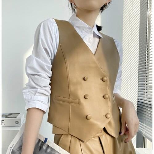 Classic Ropas Mujer Women Real Leather Double-Breasted V-neck Vest British Elegant Handsome Knight Style Gilet Female Waistcoat