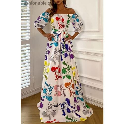 Women Elegant Slash Neck Off Shoulder Backless Print Floor Length Dress