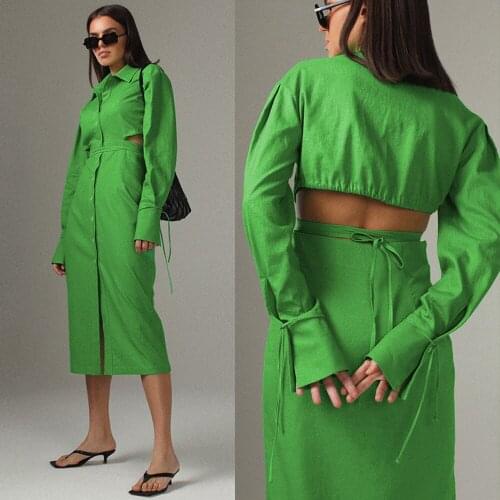 Shirt dress ladies spring long lantern sleeve chic fashion button green 100% cotton retro long sleeve womens mid-length shirt