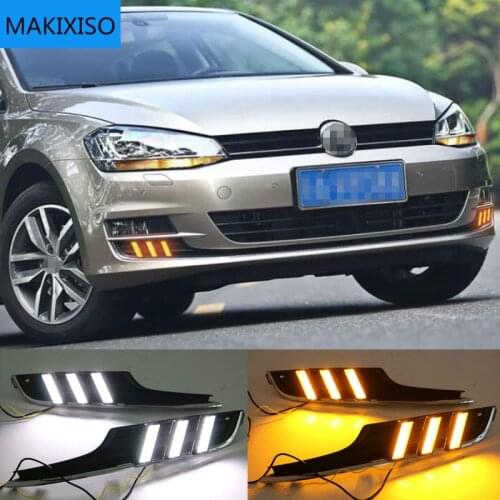 2PCS For Volkswagen Golf 7 MK7 2013-2016 Yellow Turn Signal Function LED Daytime Running Light Waterproof 12V Car DRL Lamp