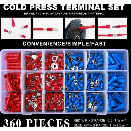 360Pcs Assorted Spade Terminals Insulated Cable Connector Electrical Wire Crimp Butt Ring Fork Set Ring Lugs Rolled Kit