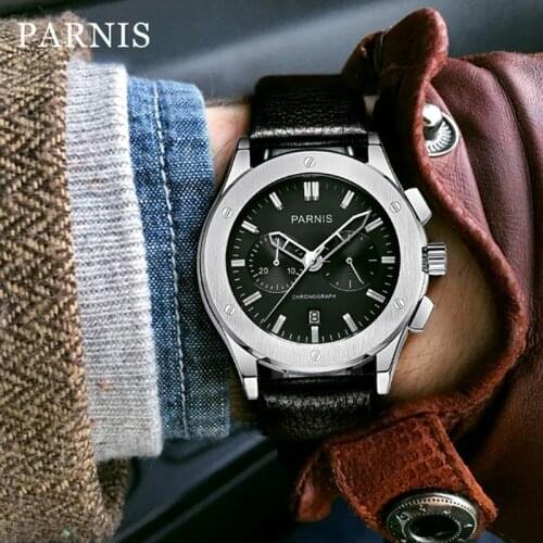 Parnis 42mm Quartz Watch Men Top Brand Luxury Military Pilot Men Watch Genuine Leather 5Bar Waterproof Swim Sport Calendar Watch