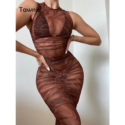 Gitana 2021 Fashion Swirl Print Mesh See Through Brown Midi Dress Women Night Club Party Sleeveless Purple Sexy Bodycon Dresses