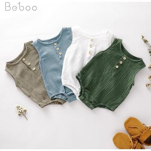 Ins Korean Style Baby Boys Bodysuit Summer New Solid Color Pure Cotton Climbing Clothes Sleeveless Babies Jumpsuit 0-24m Infants