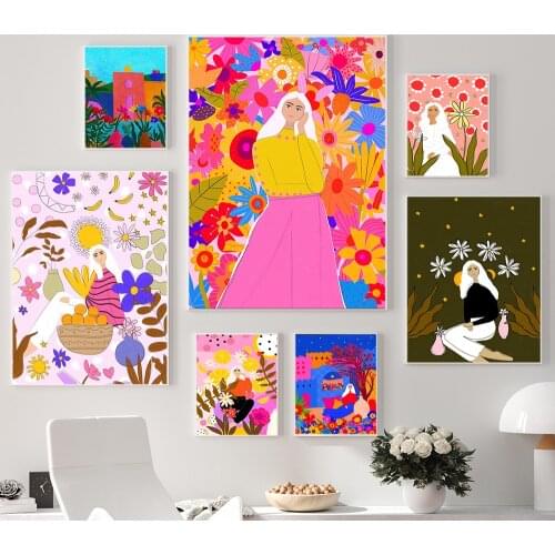 Colorful Abstract Fashion Girl Flower Wall Art Canvas Painting Nordic Posters And Prints Wall Pictures For Living Room Decor