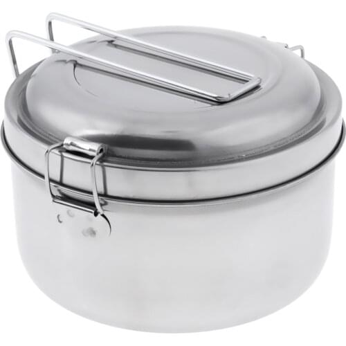 Stainless Steel Lunch Box Double Layer Food Carrier with Folding Handle for Outdoor Sports School Travel