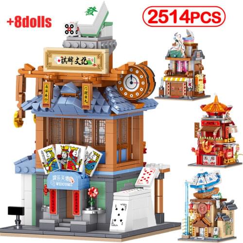 City Street View Mini Chinese Classical Building Block Hanfu Shop Hot Chess Room Tea House MOC Figures Bricks Toy For Children