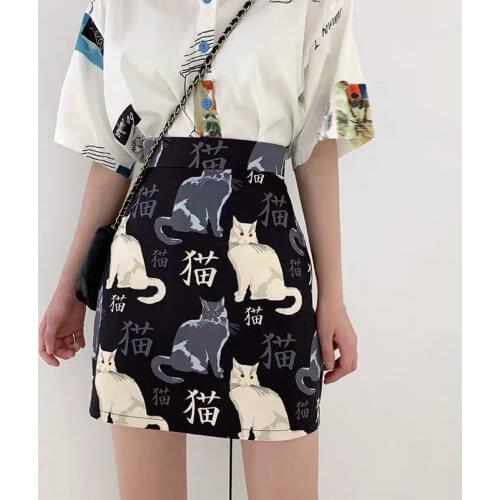 2020 New Fashion A-Line High Waist Cat Mini Skirts Harajuku Ulzzang Cartoon Print Faldas Mujer Korean Vintage Female Skirt