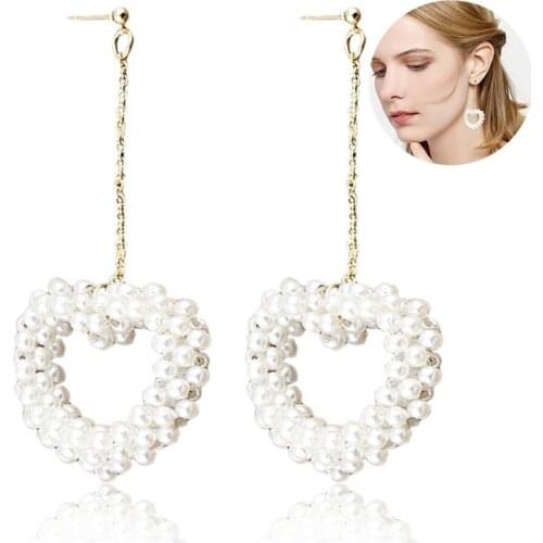 Fashion Hollow Heart Pearl Pendant Earring Silver Color Jewelry White Pearls Dangle Earrings Clothing Accessories For Women