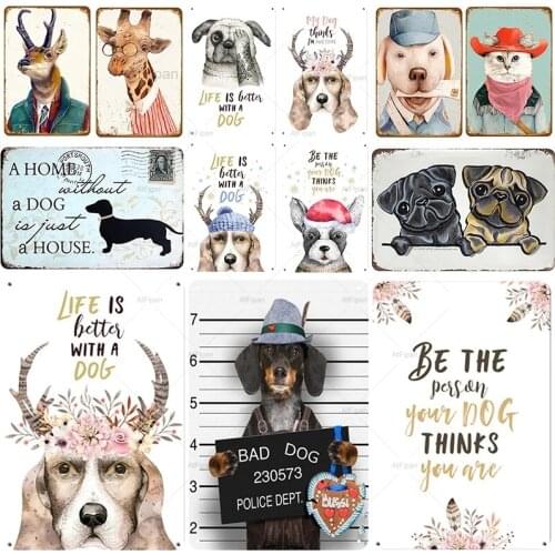 Cartoon Fun Dog Plaque Metal Vintage Tin Sign Decor Life Is Better With A Dog Metal Home Decoration To Pet Shop For Living Room
