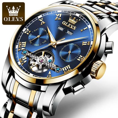 OLEVS 2021 Top Brand Mens Watch Automatic Mechanical Watch Hollow Black Dial Luxury Tourbillon Sports Waterproof Watch for Men