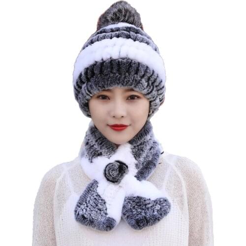 Winter Fur Hats Scarf Women Real Rex Rabbit Fur Beanie Cap With Silver Fox Balls Warm Neckerchief Fluffy Soft