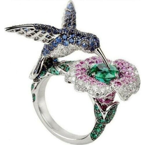 FFLACELL 2021 New Fashion Female Cute Animal Bird Flower Inlaid With Colorful Zircon Ring For Women Girls Party Jewelry Gifts