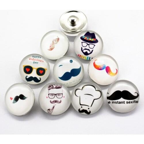 New Arrival 10pcs/lot pretty mustache Snap Buttons Charms 18mm Print Glass Buttons Fit DIY Snap Bracelets&Bangle Jewelry