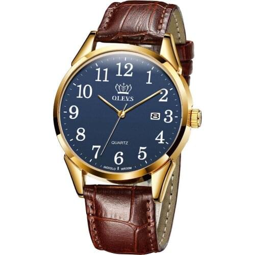 OLEVS Mens Watches with Brown Leather Band Fashion Casual Simple Easy Reader Quartz Gold Wristwatch Gifts for Men