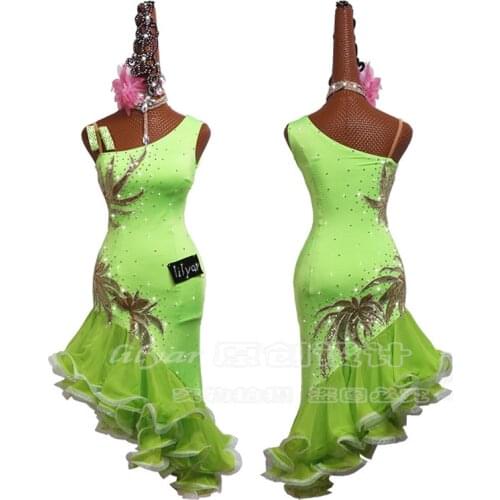 Latin Dance Dress Latin Skirt Competition Dress Costumes Performing Dresses Sparkly Rhinestones Customize Fluorescent Green Slim