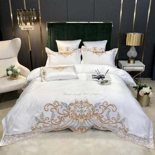 Luxury Europe 60S Satin Cotton Gold Palace Embroidery White Bedding Set Duvet Cover Bedspread Bed Sheet Pillowcases Home Textile