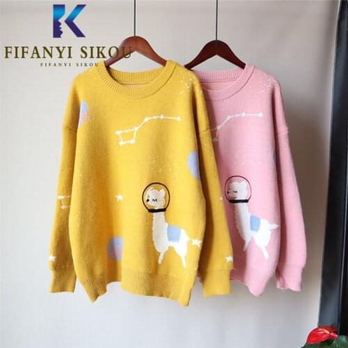 Cartoon Knitted Sweater Women Autumn Winter Thick Warm O-Neck Long Sleeve Pullover Female Cute Embroidery Pink Sweaters Jumpers