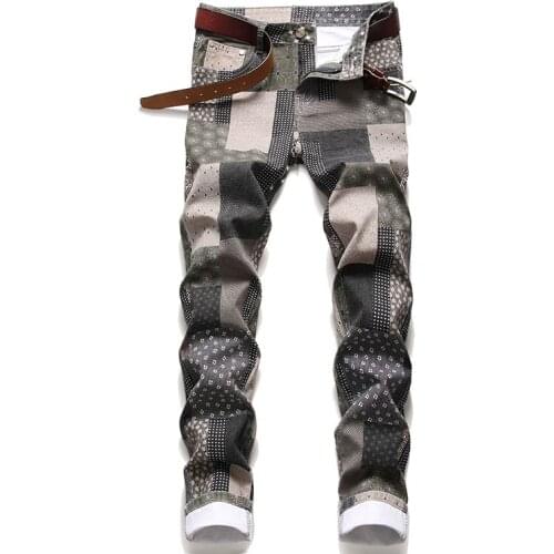 KIOVNO Mens Plaid Digital Printed Jeans Pants Slim Fit Streetwear Denim Trousers For Male Patchwork