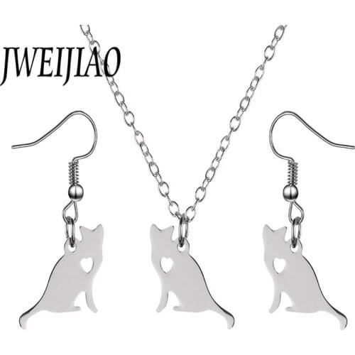 JWEIJIAO Love Animal Jewelry Sets Stainless Steel Little Cat Pendant Necklace Dangle Earrings Top Quality Jewelry SKU16