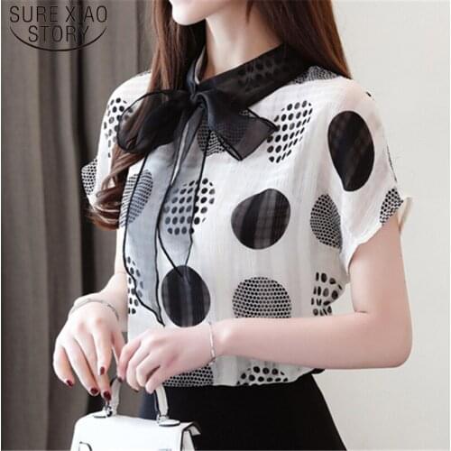 Bow Tie O-Neck Polka Dot Office Ladies Clothing 2021 New Summer Fashion Women Blouses and Tops Chiffon Blouse Blusas 5061 50