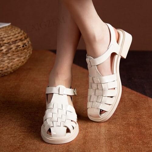 LAIGZEM Women Low Heel Rome Sandals Cow Patent Leather Cut Outs Summer Ladies Shoes Woman Ankle Strap Zapatillas Big Size 39 40