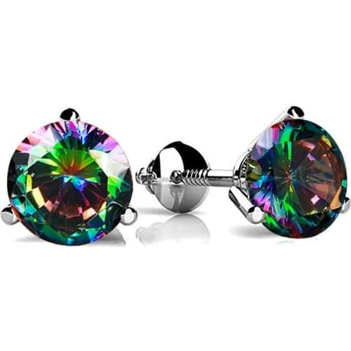 Mystic Rainbow Gemstone 3 Prong Round Screw Back Earrings For Women 925 Sterling Silver Multicolor Crystal Zircon Stud Earrings