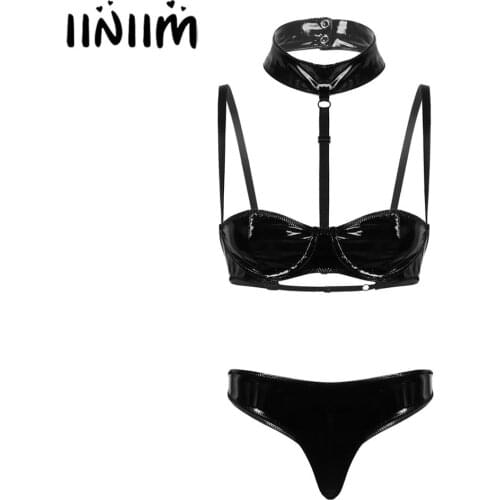 Womens Lady Hot Latex Sets Wet Look Leather Cocktail Party Lingerie Set Spaghetti Straps Underwired Bra Top with G-string Briefs