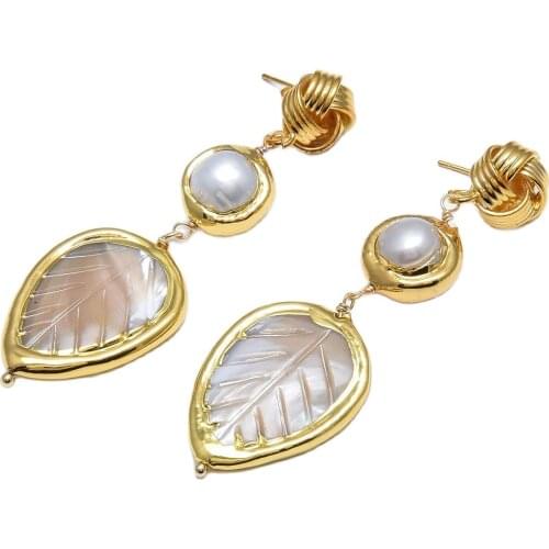 GG Jewelry Natural White Keshi Pearl Yellow Sea Shell Leaf Gold Color Plated Beads Flower Stud Earrings Handmade For Women