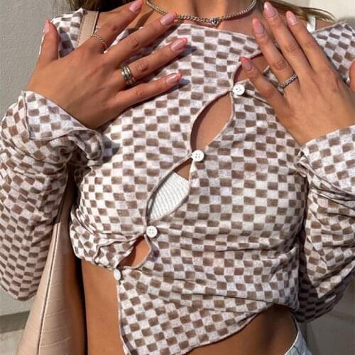 Women cropped tops sexy hollow out buttons plaid t shirts y2k aesthetic women clothing square collar full sleeve tees clothes