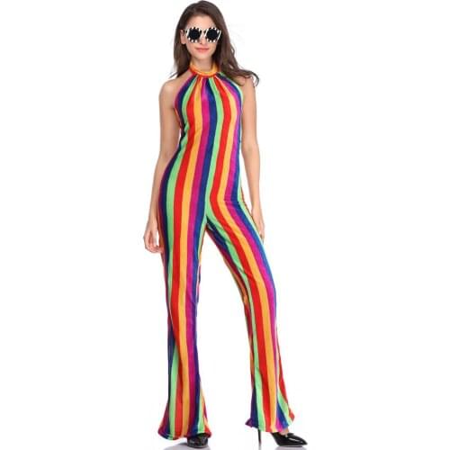 Rainbow Striped Sexy Beach Jumpsuit For Women Off Shoulder Backless Wide Leg Romper Summer Halter Sleeveless One Piece Bodysuit