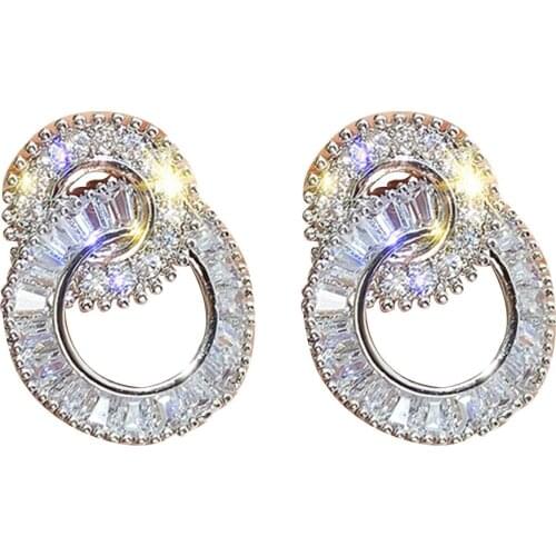 Women Simple Design Dazzling Geometry Double Circle Ear Stud Earrings Jewelry Rhinestone Inlaid Birthday Gift
