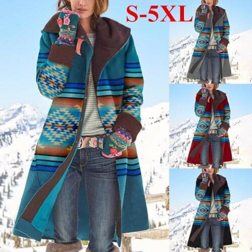 Winter Women Coat Thicken Fleece Warm Vintage Printed Long Woolen Coat Turn Down Collar Button Female Casual Cardigan Outwear