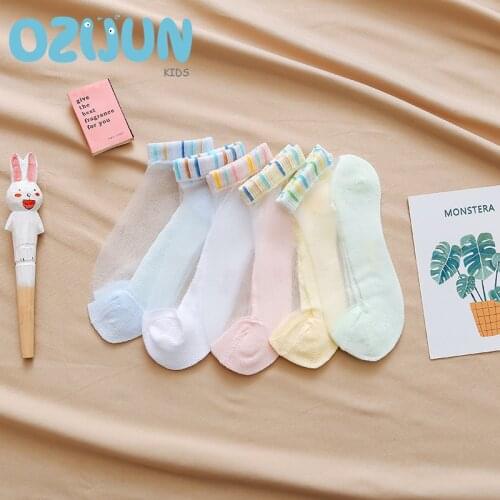 5 Pairs/lot Summer Baby Girls Ultra-thin Colorful Bar Flat Top Ankle Socks Children Summer Thin Socks Children 2-8 Years Socks