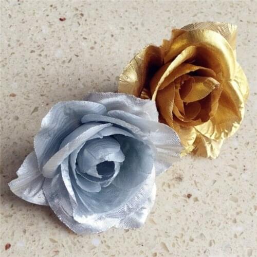 50pcs 7.5cm/2.95" Silver Colour Rose Camellia Flower Heads Wedding Decorative Flowers DIY Brooch Headwear