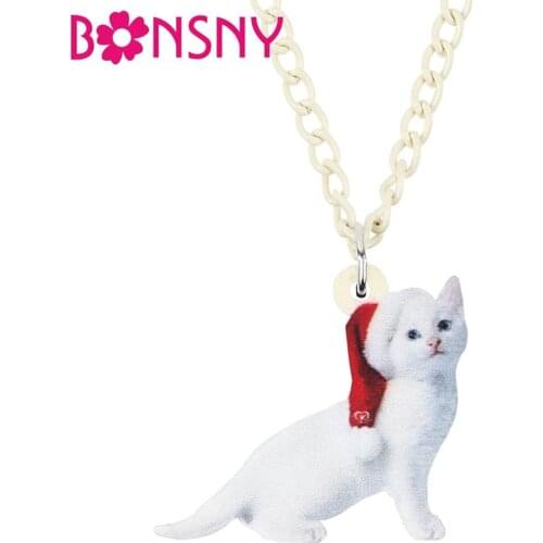Bonsny Acrylic Christmas Scottish Fold Cat kitten Necklace Pendant Chain Animal Jewelry For Women Girl Teen Kid Decorations Gift