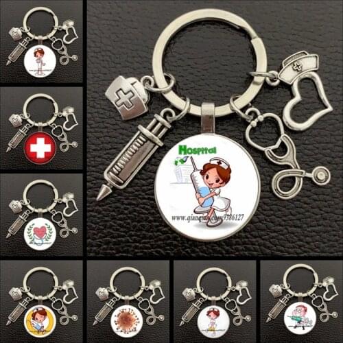 Latest Home Stethoscope Nurse Syringe Picture Keychain 25mm Round Convex Glass Dome Pendant Men and Women Fashion Charm Keychain