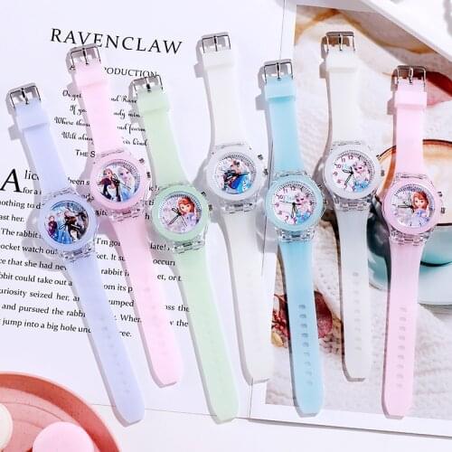 Disney Frozen Princess Pattern Children Watch Toys Glow Fashion Crystal Cartoon Leather Quartz Wristwatch for Girls Kids Toy Gif