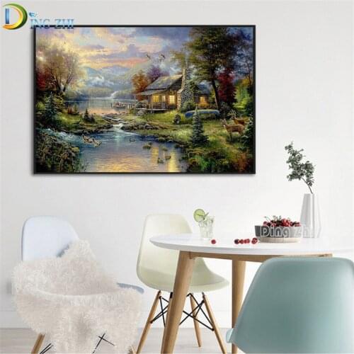 Farmhouse Landscape By Thomas Kinkade 5D Diy Diamond Painting Deer,Lake Cross Stitch Diamond Embroidery Mosaic Handmade Crafts