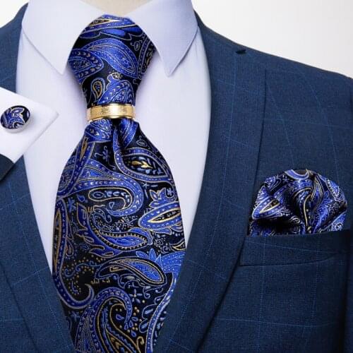 8cm Blue Purple Paisley Men Silk Tie Business Wedding Party Tie Hanky Cufflink Tie Ring Set Shirt Accessories Men Gift DiBanGu