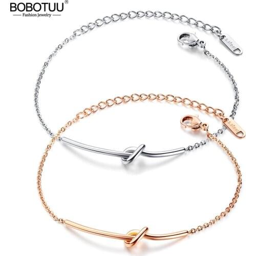 BOBOTUU Titanium Stainless Steel Knotted Charm Bracelets For Women Bohemia Beach Chain & Link Bracelet Jewelry BB17087