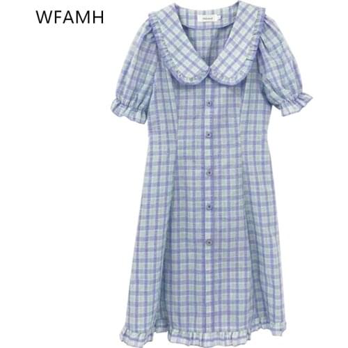 Plaid short-sleeved doll neckline puff sleeve woven Slim A-line dress 2021 summer fashion new plus size hedging womens clothing