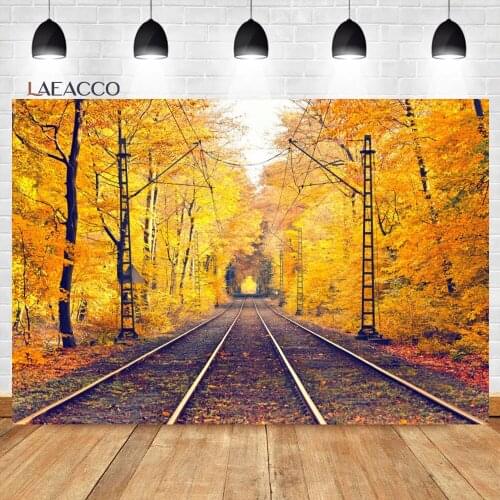 Laeacco Autumn Old Vintage Railway Golden Leaves Real Sence Photocall Background Baby Portrait Customized Photographic Backdrops