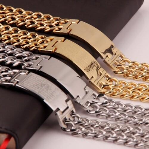Bracelet for Men Stainless Steel Male Double Cuba Chain Bangles Bileklik Hiphop Jewelry Bold and Chunky