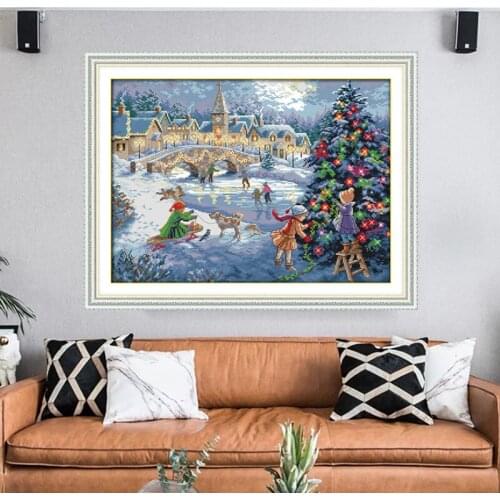 A Christmas celebration Printed Canvas Cross Stitch Kit Home Decore 11CT 14CT Canvas DMC Embroidery Needlework Cross-stitch set