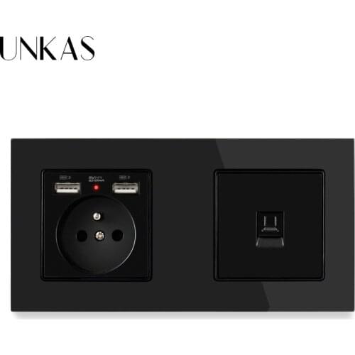 UNKAS Black Glass Panel French Standard Wall Socket with 2 USB Charge Port + RJ45 Internet Computer Connector Enchufe Pared USB